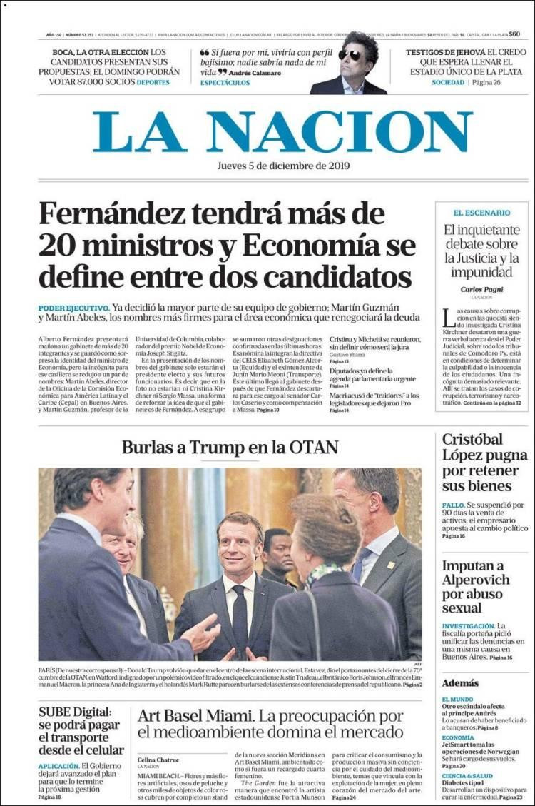 Tapas de diarios, La Nación jueves 05-12-19