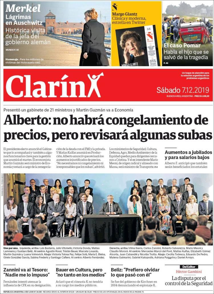 Tapas de diarios, Clarín, sábado 7 de diciembre de 2019	