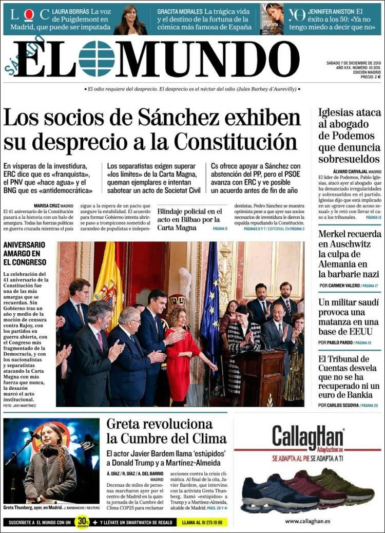 Tapas de diarios, El Mundo, sábado 7 de diciembre de 2019	