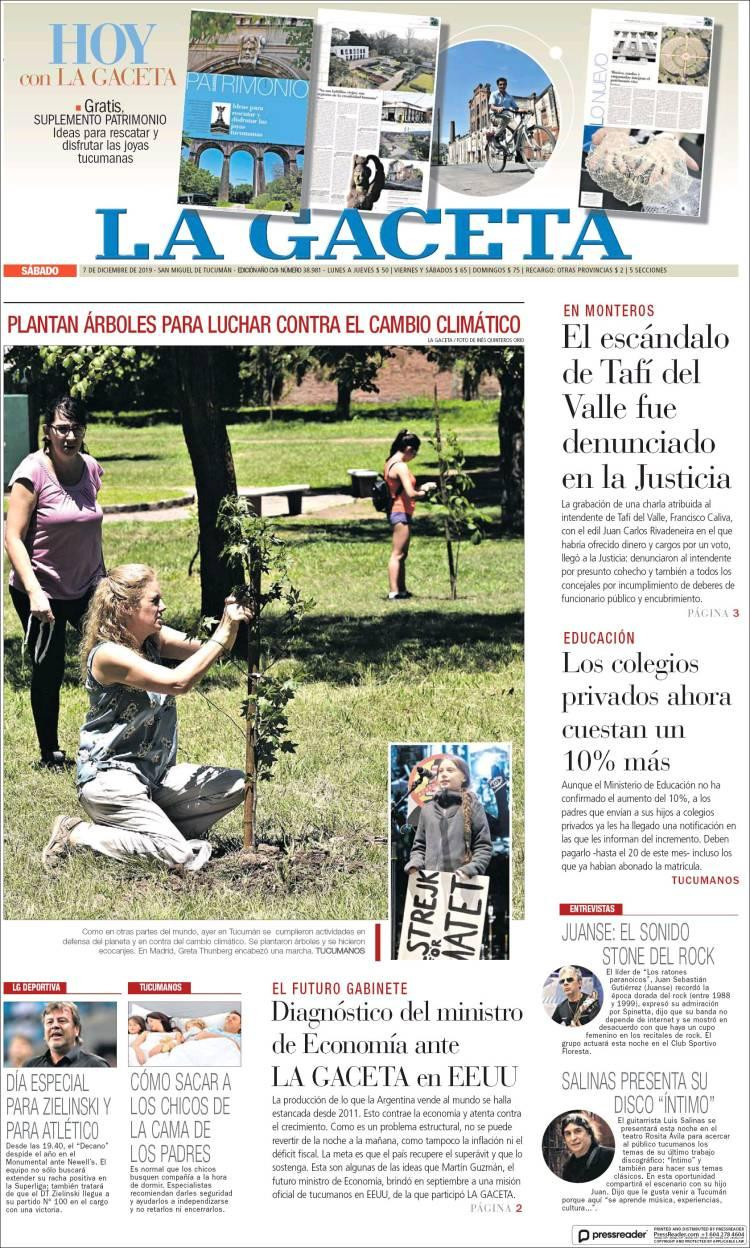Tapas de diarios, La Gaceta, sábado 7 de diciembre de 2019	