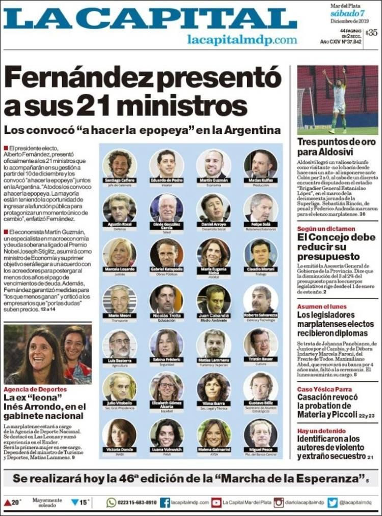 Tapas de diarios, La Capital, sábado 7 de diciembre de 2019	