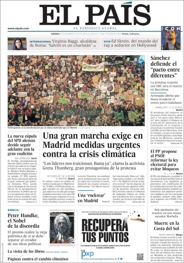 Tapas de diarios, El País, sábado 7 de diciembre de 2019	
