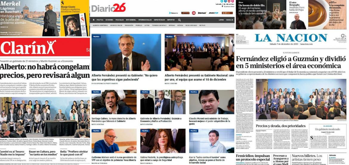 Tapas de diarios argentinos, sábado 7 de diciembre de 2019