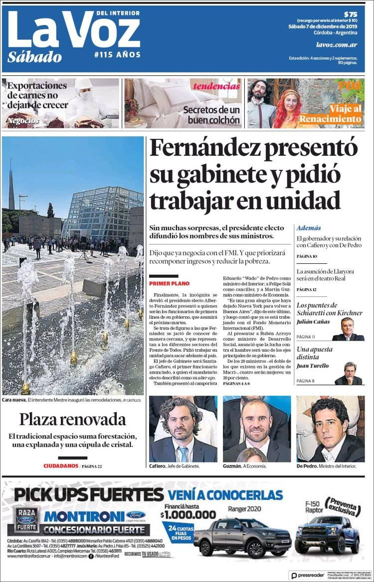 Tapas de diarios, La Voz, sábado 7 de diciembre de 2019	