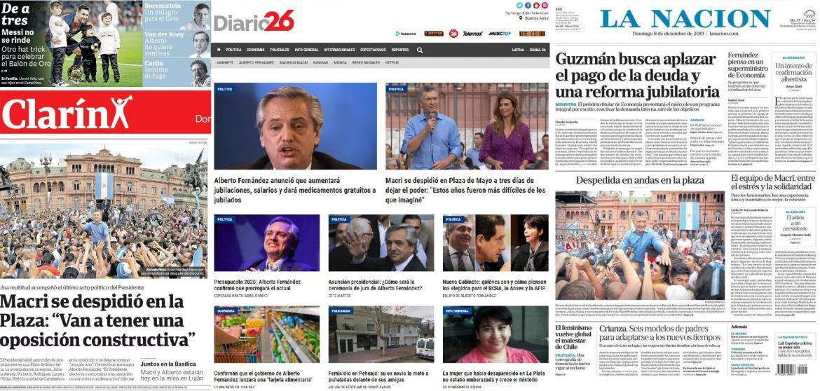 Tapas de diarios argentinos, domingo 8 de diciembre de 2019