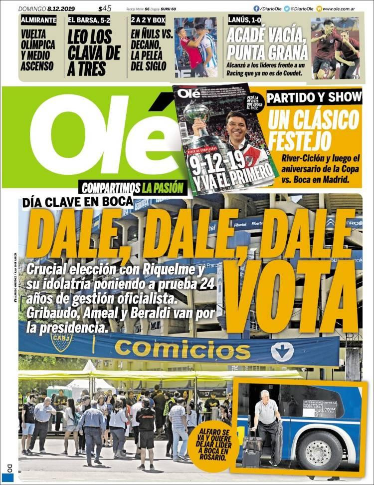 Tapas de diarios argentinos, Olé lunes 9 de diciembre de 2019