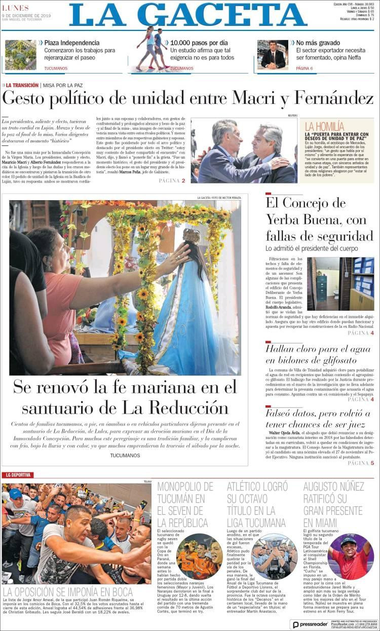 Tapas de diarios argentinos, La Gaceta lunes 9 de diciembre de 2019
