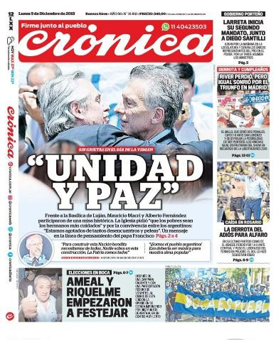 Tapas de diarios argentinos, Crónica lunes 9 de diciembre de 2019