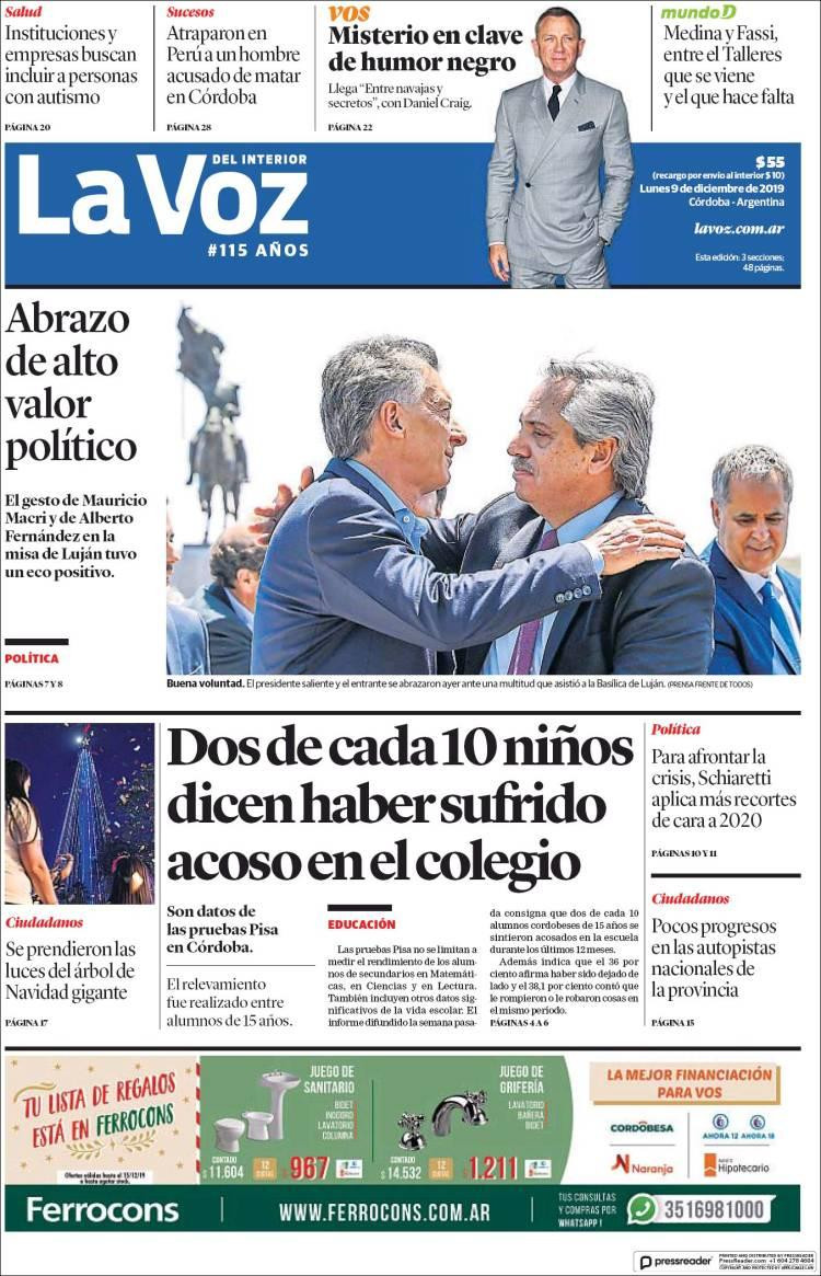 Tapas de diarios argentinos, La Voz lunes 9 de diciembre de 2019