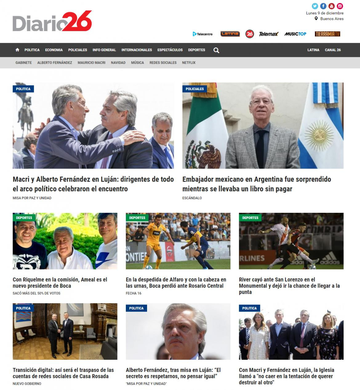 Tapas de diarios argentinos, Diario 26 lunes 9 de diciembre de 2019