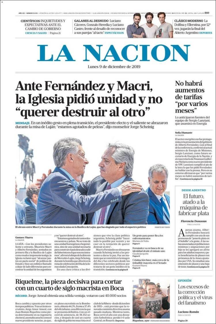 Tapas de diarios argentinos, La Nación lunes 9 de diciembre de 2019
