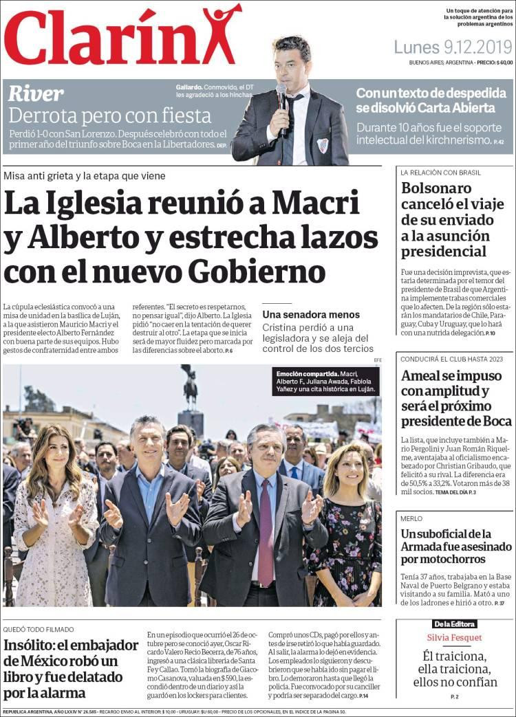 Tapas de diarios argentinos, Clarín lunes 9 de diciembre de 2019