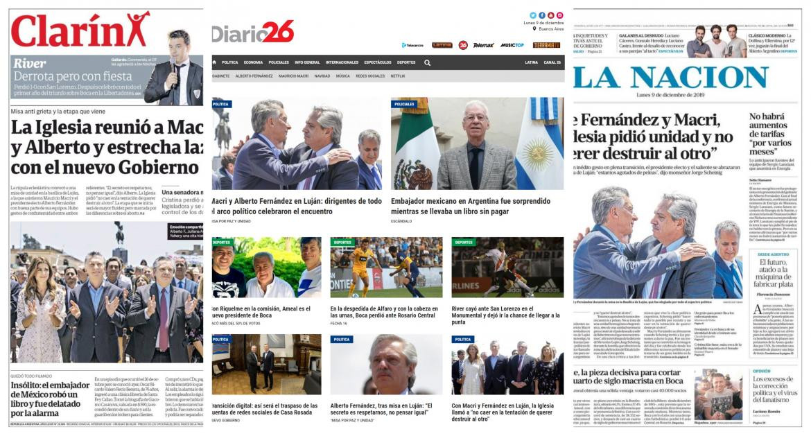 Tapas de diarios argentinos, lunes 9 de diciembre de 2019