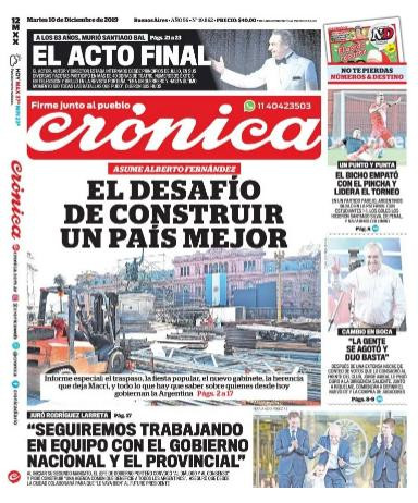 Tapa de Crónica, martes 10 de diciembre de 2019