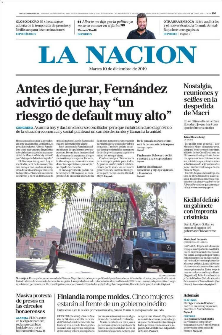 Tapa de La Nación, martes 10 de diciembre de 2019