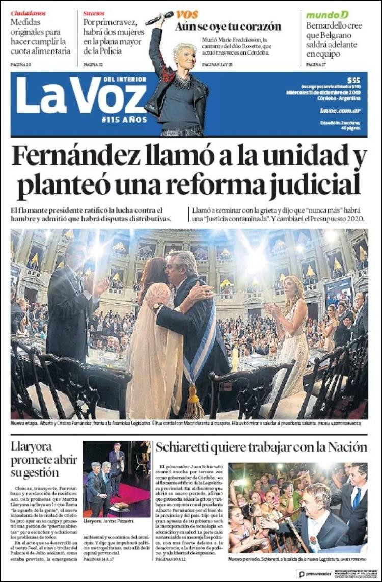 Tapas de diarios, La Voz miércoles 11 de diciembre de 2019