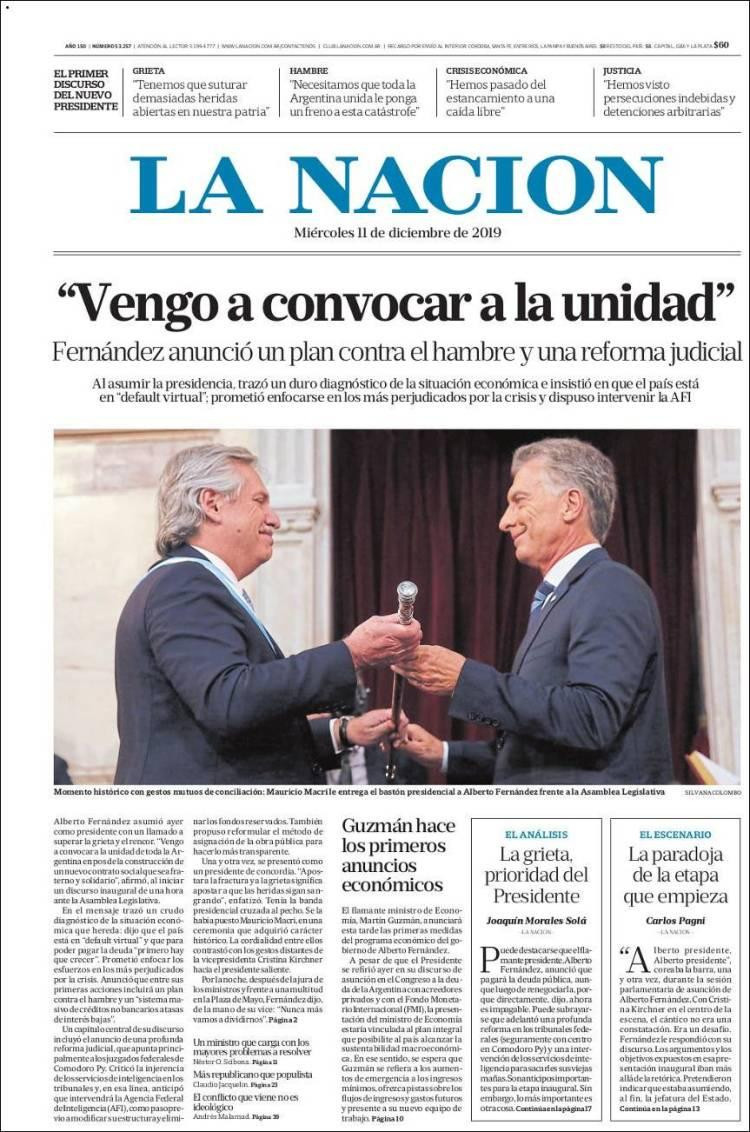 Tapas de diarios, La Nación miércoles 11 de diciembre de 2019