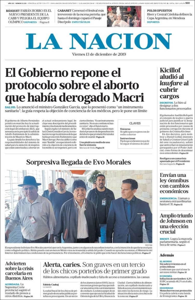 Tapas de diarios, La Nación viernes 13 de diciembre de 2019