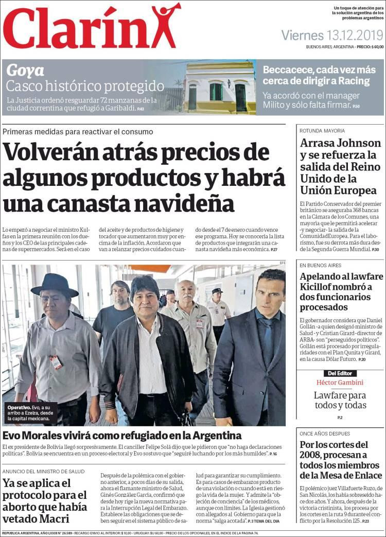 Tapas de diarios, Clarín viernes 13 de diciembre de 2019