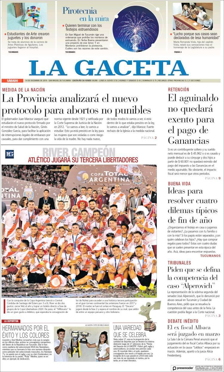 Tapas de diarios argentinos, La Gaceta sábado 14 de diciembre de 2019