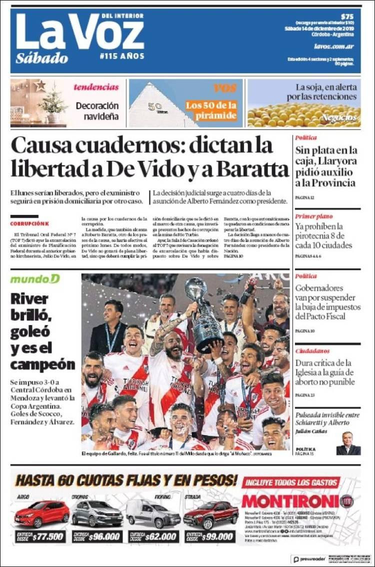 Tapas de diarios argentinos, La Voz sábado 14 de diciembre de 2019