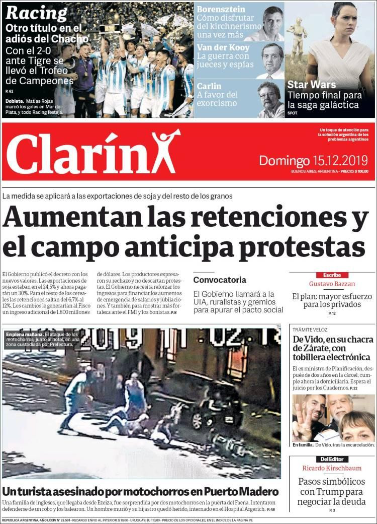 Tapas de diarios, Clarín, domingo 15-12-19