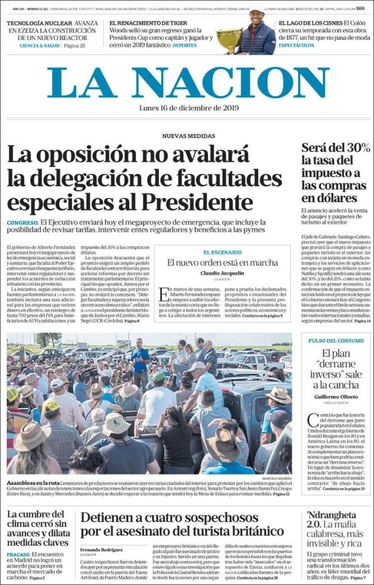 Tapas de diarios, La Nación lunes 16-12-19
