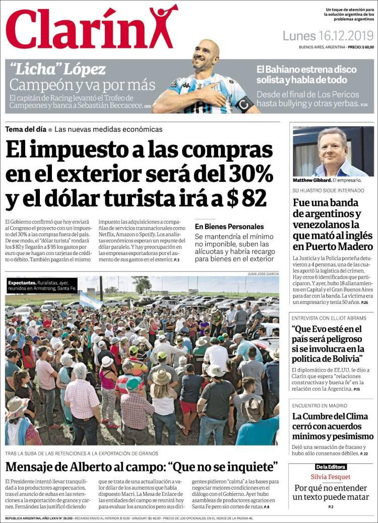 Tapas de diarios, Clarín lunes 16-12-19