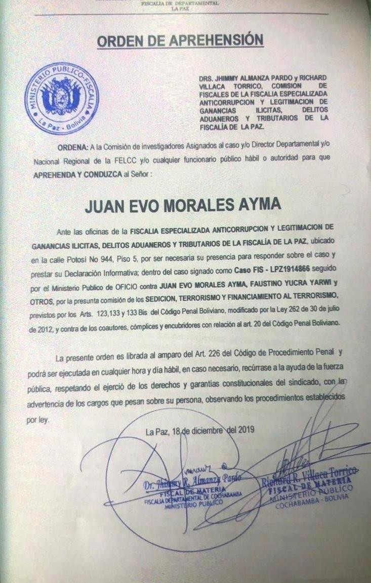 Orden de detención contra Evo Morales