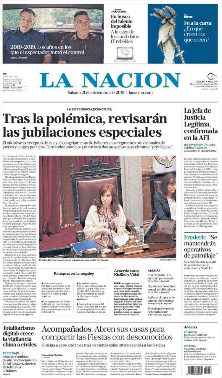 Tapas de diarios, La Nación, sábado 21 de diciembre de 2019	