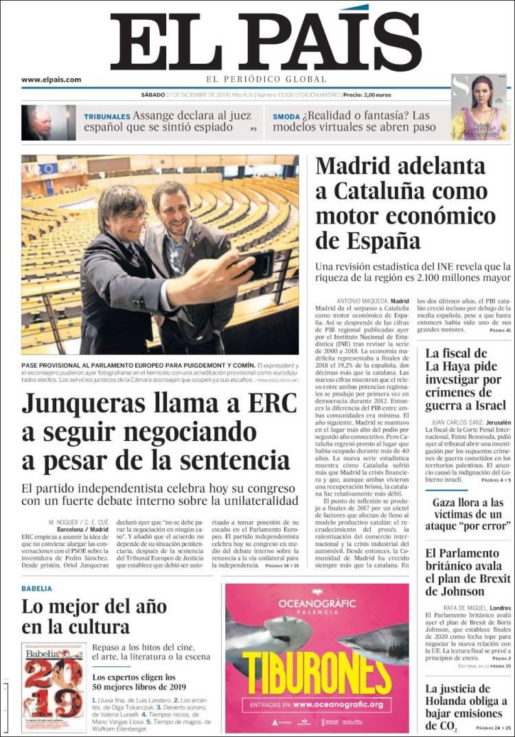 Tapas de diarios, El País, sábado 21 de diciembre de 2019	