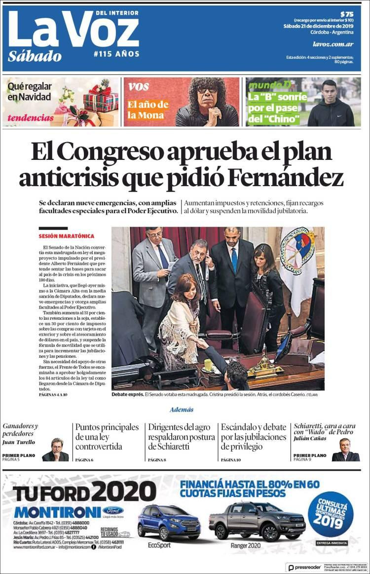 Tapas de diarios, La Voz, sábado 21 de diciembre de 2019	