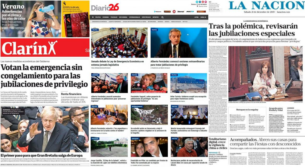 Tapas de diarios argentinos, sábado 21 de diciembre de 2019	