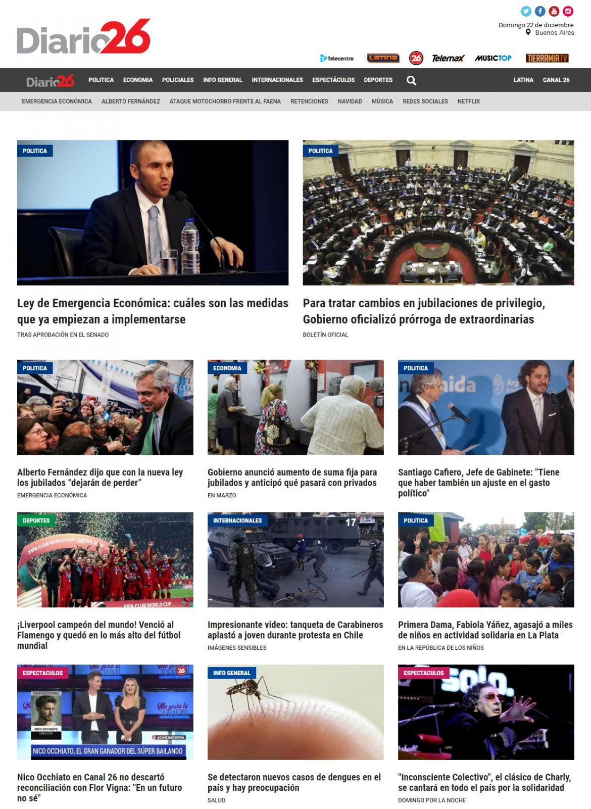 Tapa de diarios, Diario 26, domingo 22 de diciembre