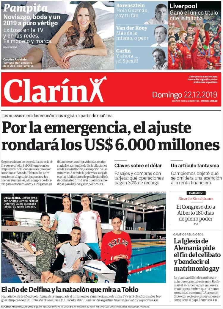 Tapa de diarios, Clarín, domingo 22 de diciembre	