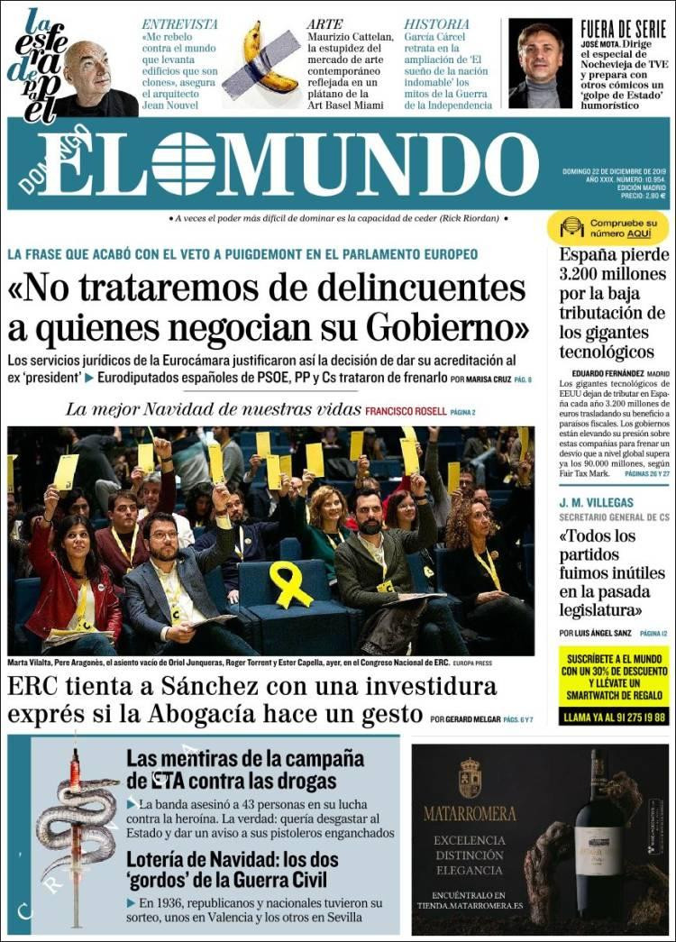 Tapa de diarios, El Mundo, domingo 22 de diciembre	