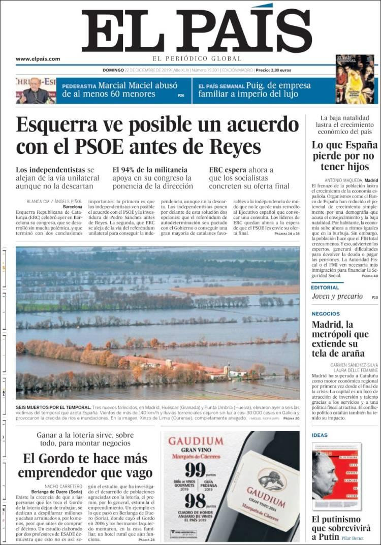 Tapa de diarios, El País, domingo 22 de diciembre	