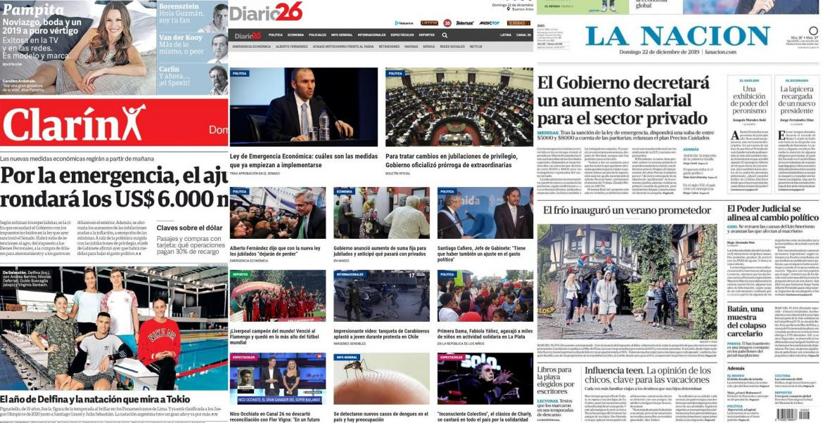 Tapa de diarios argentinos domingo 22 de diciembre	