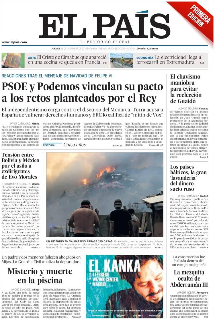 Tapas de diarios, El Pais de España, jueves 26 de diciembre de 2019