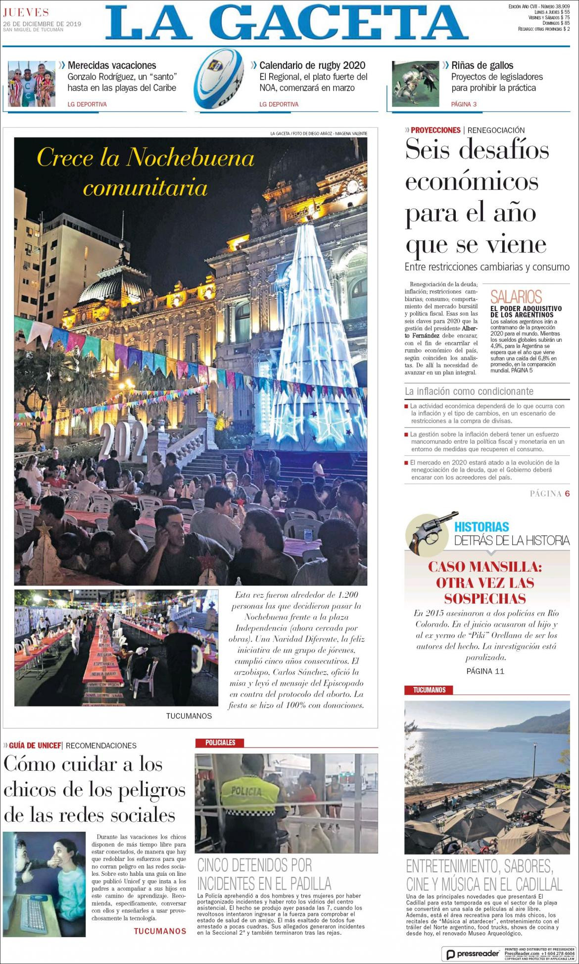 Tapas de diarios, La Gaceta, jueves 26 de diciembre de 2019