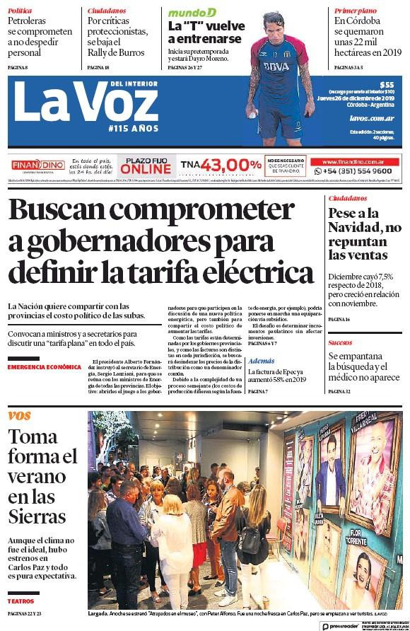 Tapas de diarios, La Voz del Interior, jueves 26 de diciembre de 2019