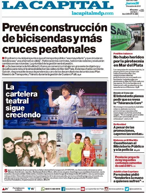 Tapas de diarios, La Capital de  Mar del Plata, jueves 26 de diciembre de 2019