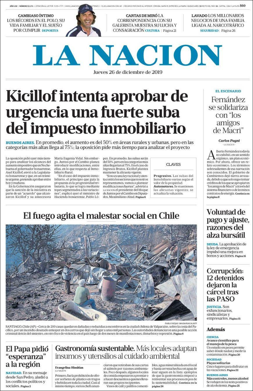 Tapas de diarios, La Nación, jueves 26 de diciembre de 2019