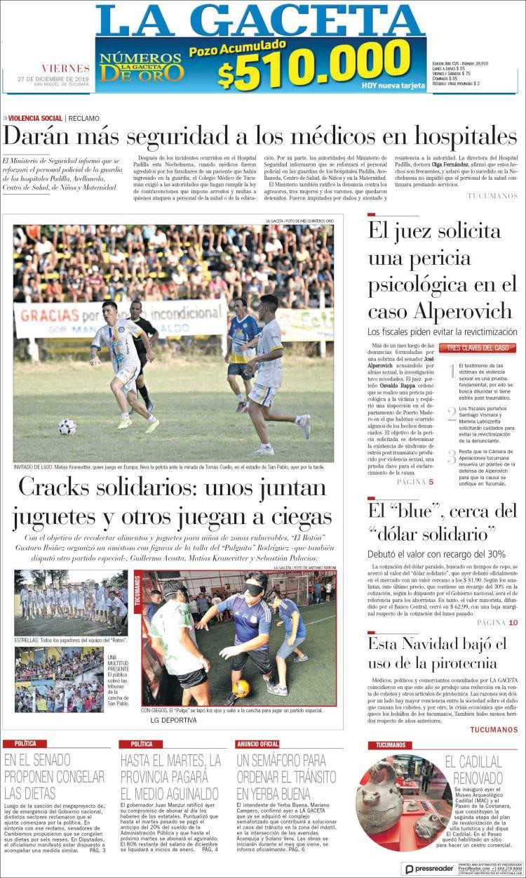 Tapas de diarios, La Gaceta viernes 27 de diciembre de 2019