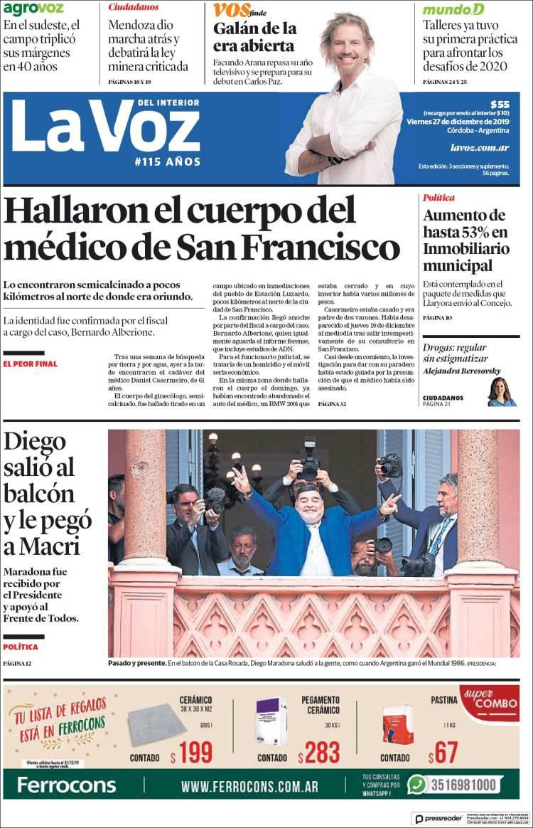 Tapas de diarios, La Voz viernes 27 de diciembre de 2019