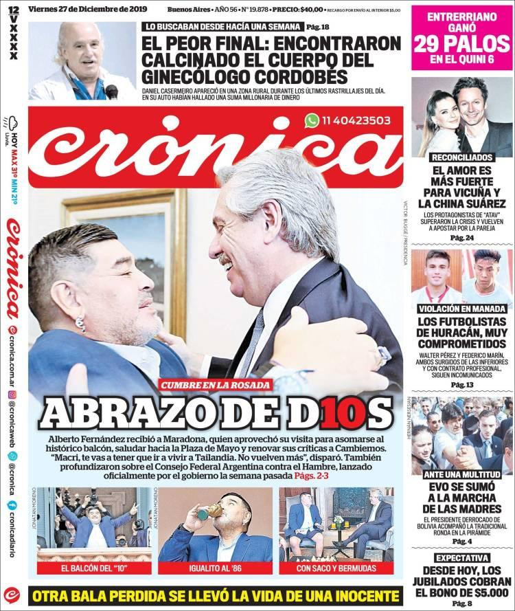 Tapas de diarios, Crónica viernes 27 de diciembre de 2019