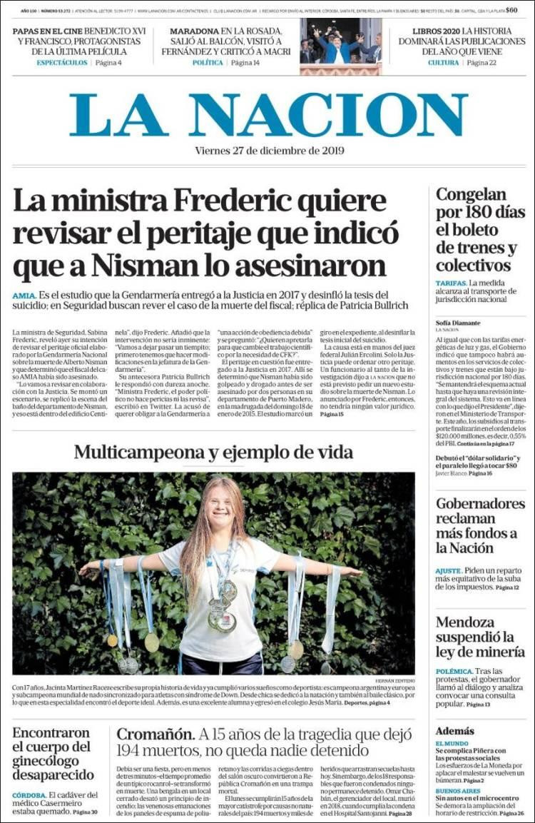 Tapas de diarios, La Nación viernes 27 de diciembre de 2019
