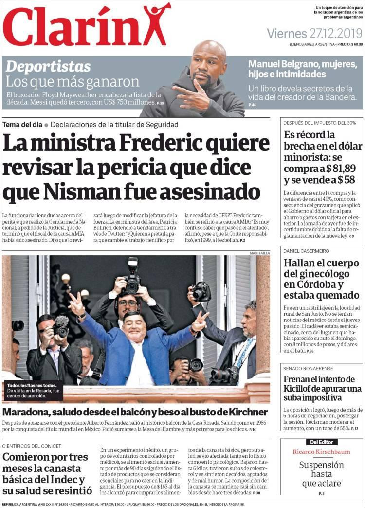 Tapas de diarios, Clarín viernes 27 de diciembre de 2019