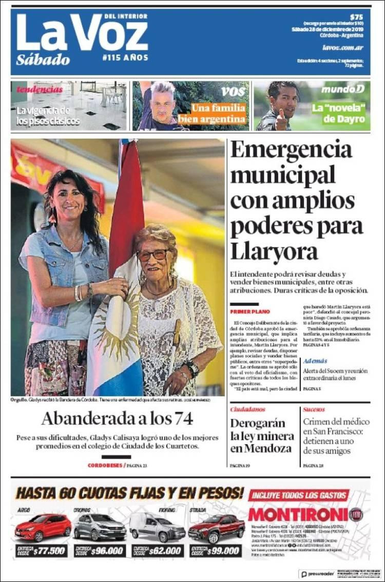 Tapas de diarios, La Voz sábado 28 de diciembre de 2019