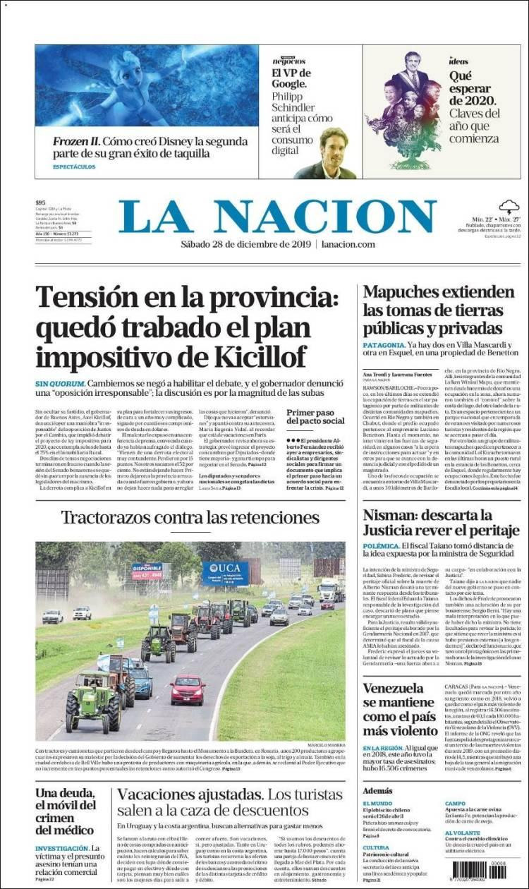 Tapas de diarios, La Nación sábado 28 de diciembre de 2019